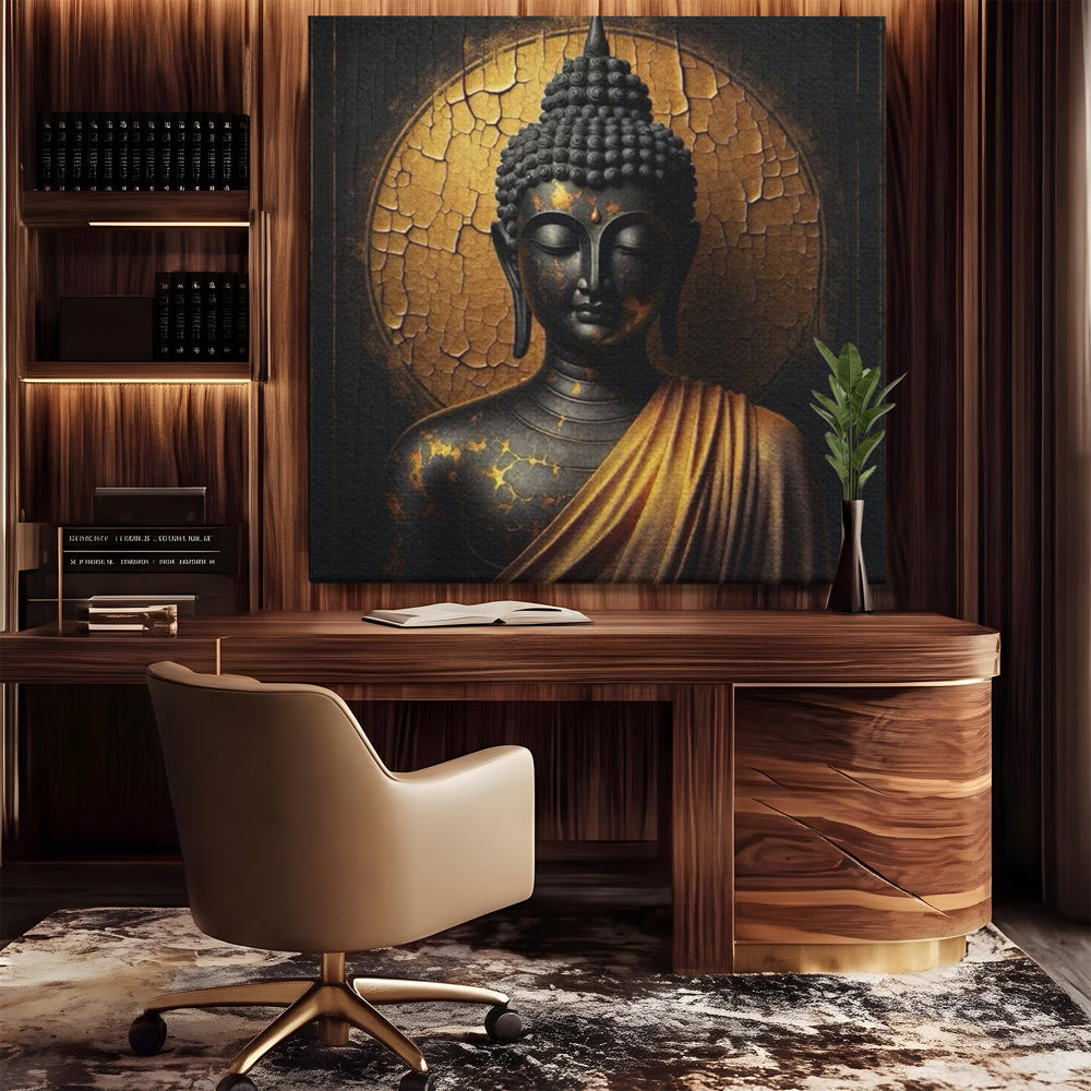 Tablou canvas cu tablou canvas cu portret buddha, fara rama, pe sasiu de lemn, pe perete intr-un birou